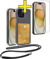 Coque adaptée pour iPhone 15 avec cordon et porte-cartes avec protecteur d'écran en Siliconen – Coque adaptée pour iPhone 15 avec porte-cartes – Transparent