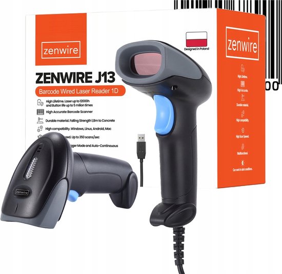 Zenwire Barcode Scanner J13 - Barcode Scanner - Barcodescanner Vast bedraad USB 1D - Nauwkeurigheid scannen 3mil - Werkingsmodi Handmatig en automatisch, continu - Compatibel met Windows, MAC OS, Android, Linux en vele anderen