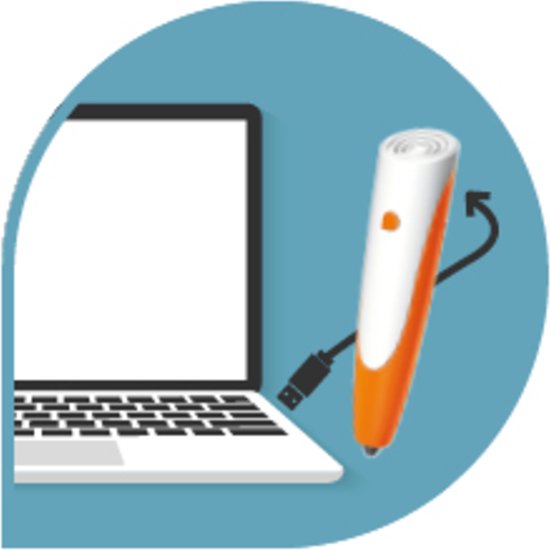 Een oranje en witte Tiptoi pen is aangesloten op een laptop met een USB kabel.