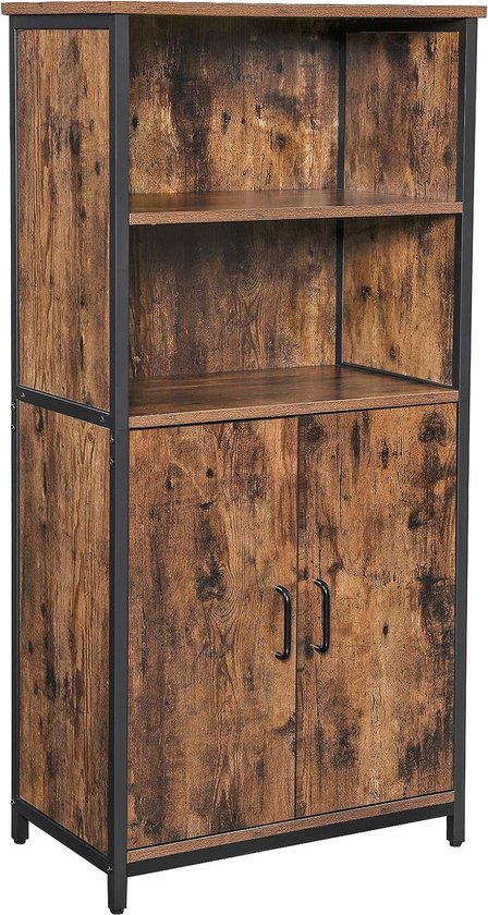 Bruine houten boekenkast met zwart metalen frame. Twee deuren aan de onderkant.