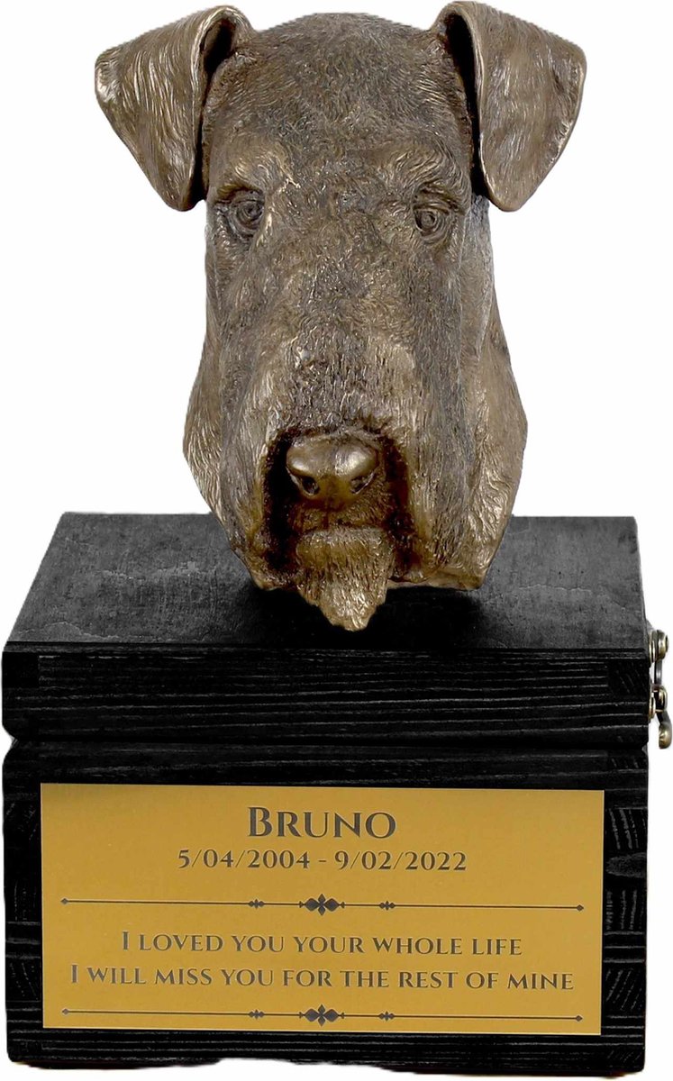 Urn met gravure en sculptuur van Airedale Terrier en Bingley Terrier
