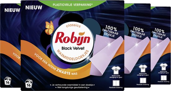 Robijn Classics Wasmiddeldoekjes - Black Velvet - 4 x 16 wasstrips - Voordeelverpakking