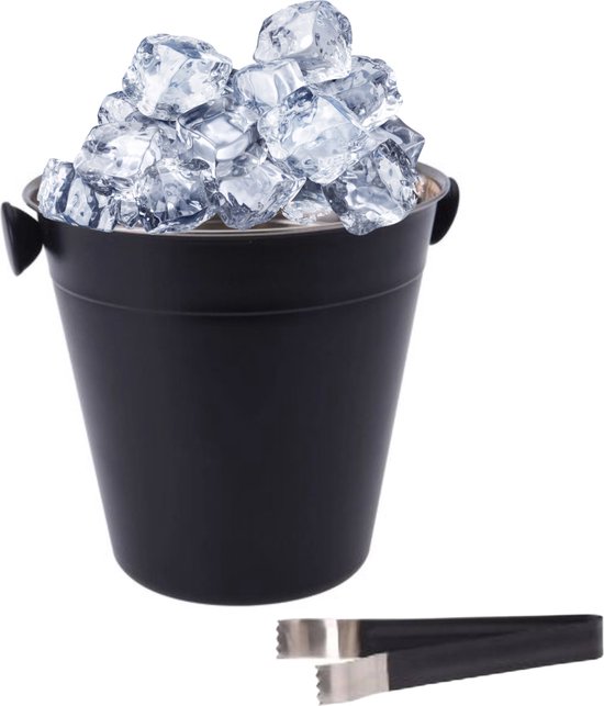 Kurtzy Zwarte IJs Emmer met Deksel en Tang - 4 L Dubbelwandige/Geïsoleerde IJs Emmer - Houdt IJs Langer Bevroren - Ideaal voor Bar, Feesten, BBQ's, Picknick of het Koelen van Bier/Wijn/Champagne