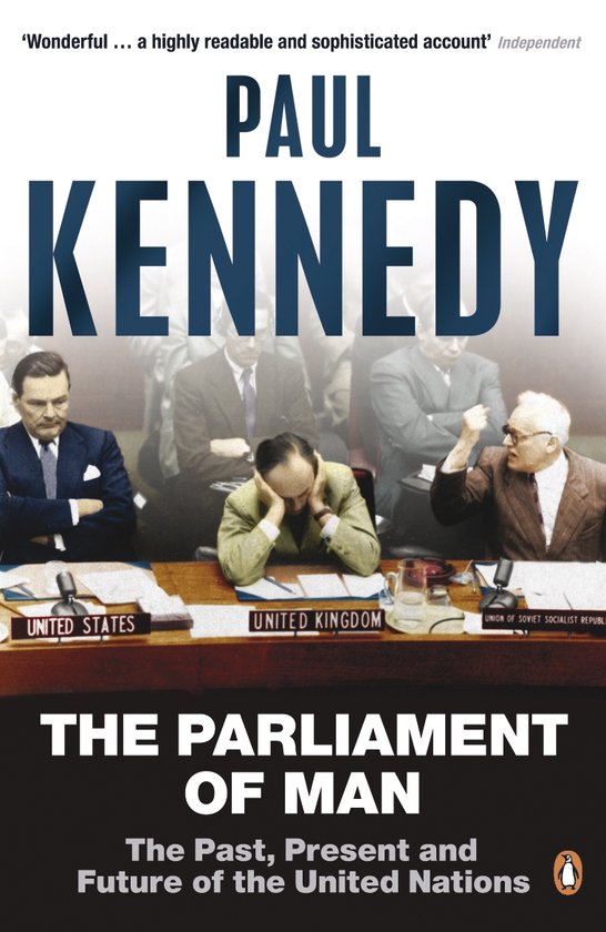 Boekomslag 'The Parliament Of Man' met tekst en een foto van mannen aan een tafel.