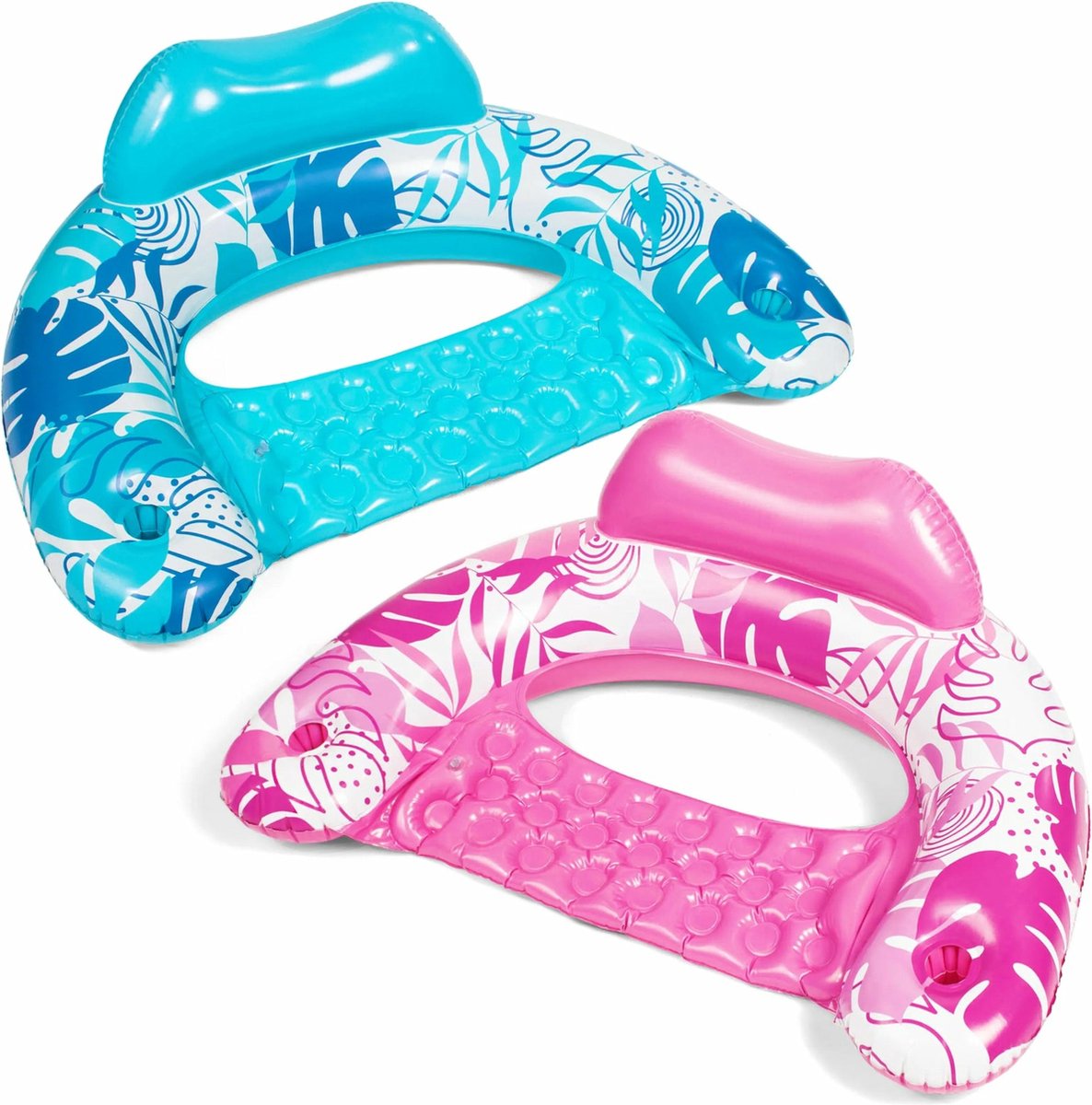 2-pack XL tropische bladeren opblaasbare zwembadstoelen (blauw, roze)