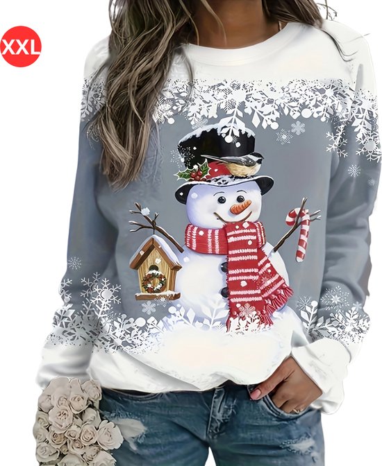 Bovista Kersttrui - Dames - Foute Kersttrui - Christmas Sweater - Kerst Sweater - Christmas Jumper - Pyjama - Pullover - Sneeuwpop - Grijs - Maat XXL