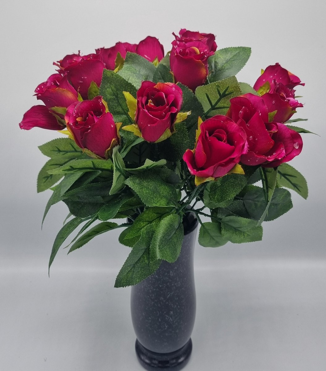 Bomm Boeket - Roos - U329-m2/3 - 44cm - Donker Roze - 14 bloemen - Grafdecoratie - Zijdenbloemen - Kunstbloemen
