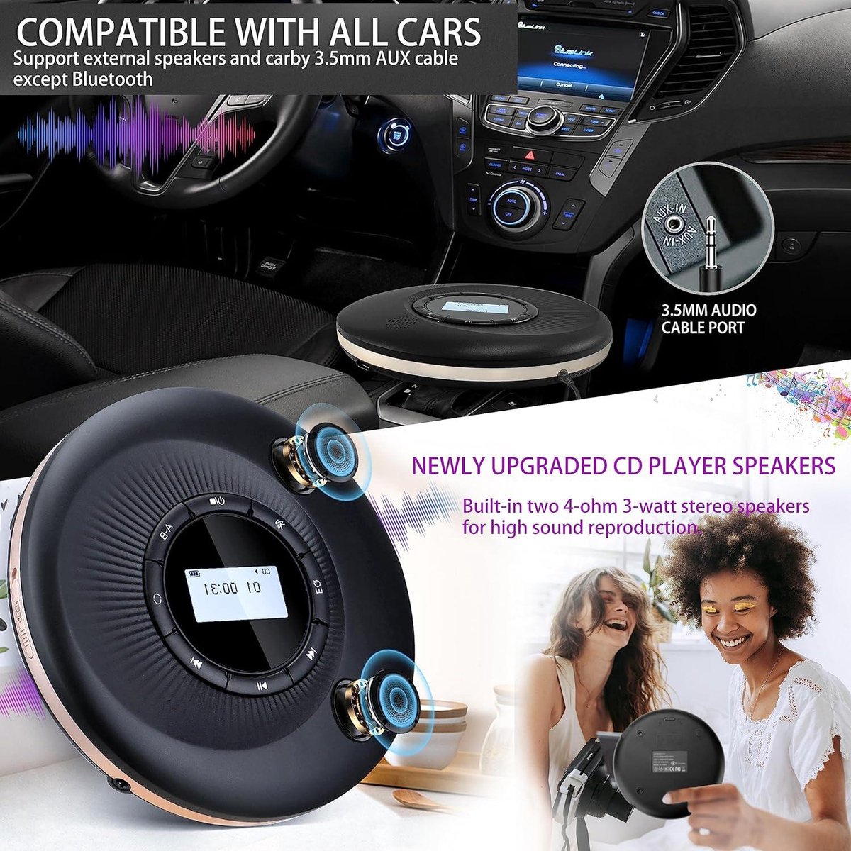 Afneembare Beugel Draagbare Speler Bluetooth CD-speler Met Afneembare Beugel - Dubbele Luidsprekers, 2000mAh Batterij, Lavendel Kleur Cd Speler Bluetooth