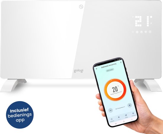 Gologi Elektrische Kachel - Verwarming elektrisch - Convectorkachel met thermostaat - Werkt via App en touch bediening - Tot 25m2 - 2000W Heater - Wit