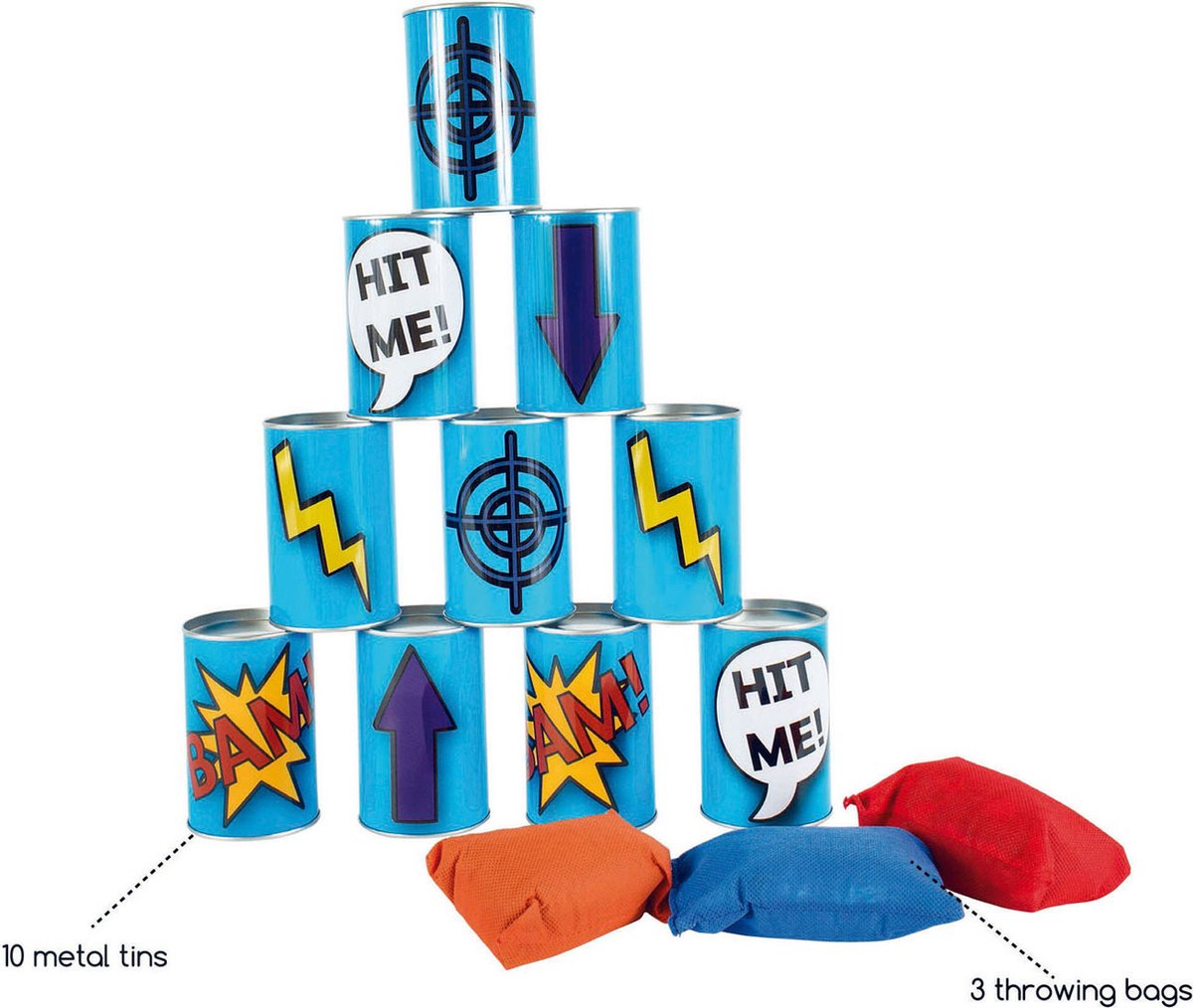 BS Toys Blikgooien Werpspel - Pittenzak Gooien - Kinderspeelgoed vanaf 3 Jaar - Buitenspeelgoed - 10 Blikken - Blauw - Spelletjes voor kinderen - Buiten speelgoed - Buitenspel - Buiten Spellen - Tuin Speelgoed - Cadeau kind — afbeelding 8