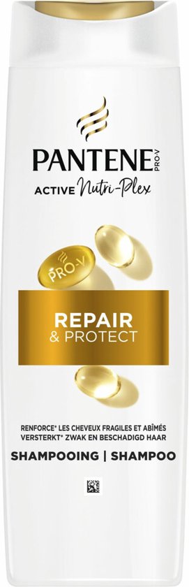 Pantene Repair & Protect shampoo fles met gouden en witte accenten. Bevat de Pro-V formule en 3 capsules.