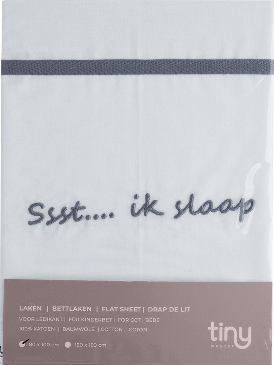 Tiny Wonder Wieg Laken Wit Met Grijze tekst Ssst ik slaap 100% Geweven Katoen 80x100cm