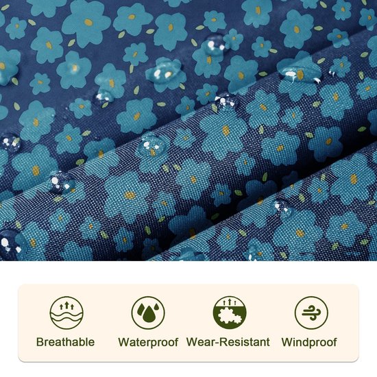 Donkerblauwe stof met blauwe bloemenprint en gele spikkels, met waterdruppels. Ademend, waterdicht, slijtvast, winddicht.