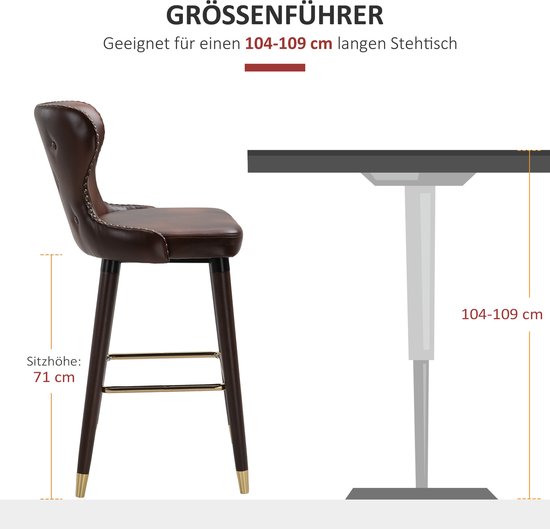 HOMCOM barkruk met voetensteun, barstoel met rugleuning, bistrokruk, eetkamerstoel, in hoogte verstelbaar, draaibaar, PU, bruin, set van 2, 46 x 53,5 x 85-106 cm