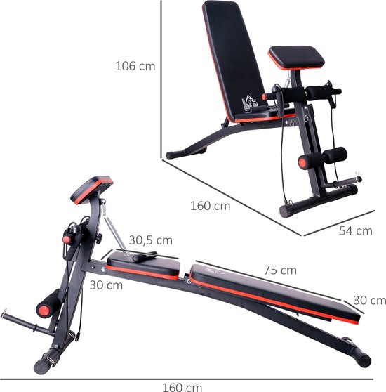 HOMCOM halterbank verstelbare trainingsbank met elastisch touw sit-up bank voor thuistraining 6 stappen rugleuning helling gewicht tot 150 kg staal kunstleer zwart rood 145 x 49 x 57-127 cm