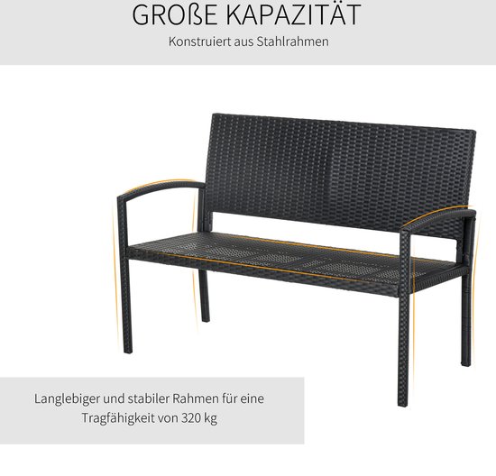 Outsunny Polyrattan Zitbank 2-zits Tuinbank zonder Armleuning, Rattanbank voor Balkon, Tuinmeubelen tot 250 kg Draagvermogen, voor Balkon, Terras, Metaal, Khaki