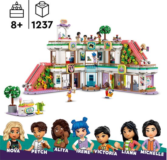 Centre commercial LEGO Friends avec 7 mini-poupées, dont Nova, Petch, Aliya, Irene, Victoria, Lianna et Michelle. À partir de 8 ans.