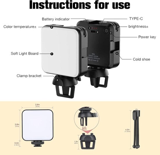 Illustratie van een LED-lampje met labels voor kleurtemperatuur, batterij-indicator, TYPE-C poort, helderheid, powerknop en koude schoen. Afmetingen en componenten van de clip en statief.