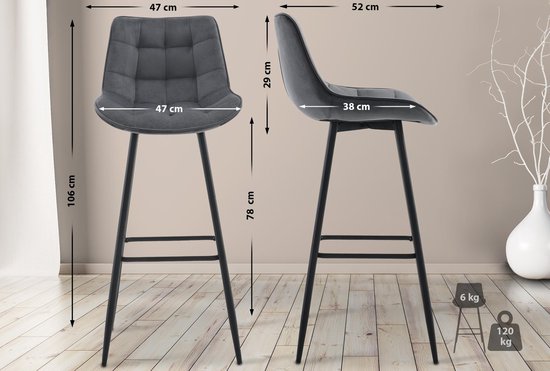 Set van 2 donkergrijze fluwelen barkrukken met rugleuning, met metalen frame. Afmetingen: 106x47x52 cm.