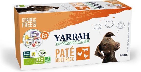 Yarrah Bio Hondenvoer Multipack Paté Graanvrij Kip - Kalkoen - Rund 6 x 150 gr NL-BIO-01