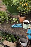 Turquoise Gardena snoeischaar op een houten tafel tussen planten en een kop koffie.