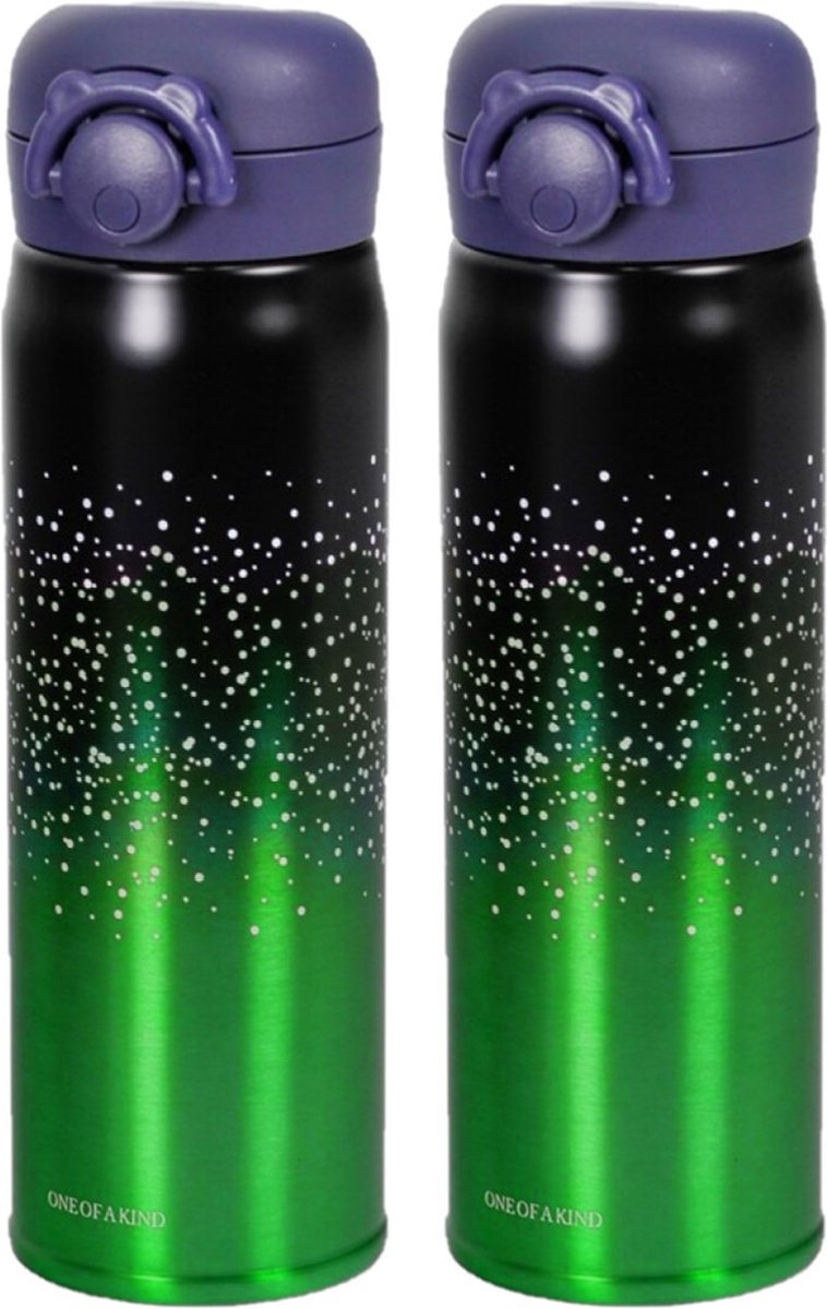 2x stuks thermosfles / isoleerkan 500 ml groen/zwart - RVS - thermosflessen / isoleerflessen