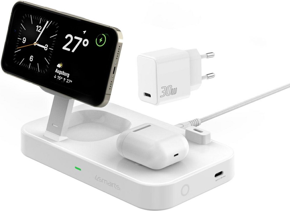 4smart 5-in-1 Draadloos Qi Oplaadstatio + USB-C + 30W wandlader wit/wit