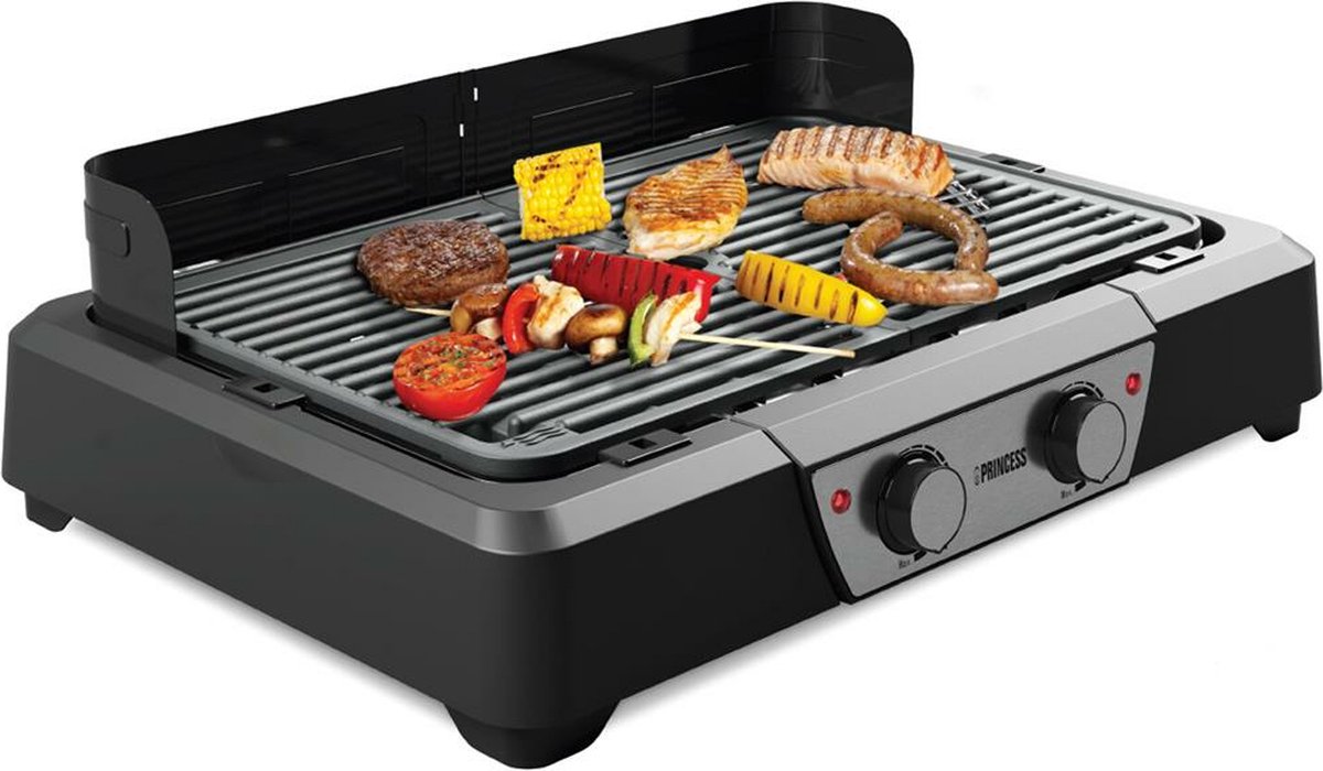 Elektrische Barbecue - Princess 112254 - Elektrische BBQ - Tafelgrill - 2 grillroosters - dubbele verwarmingszones met aparte thermostaten - afneembaar windscherm - 2000 watt