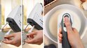Wit Bosch ErgoMixx handmixer, met grijze accenten. Verwisselen van gardes wordt gedemonstreerd.
