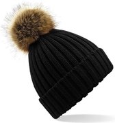Bonnet d'hiver noir grossièrement tricoté avec pompon marron pour femme