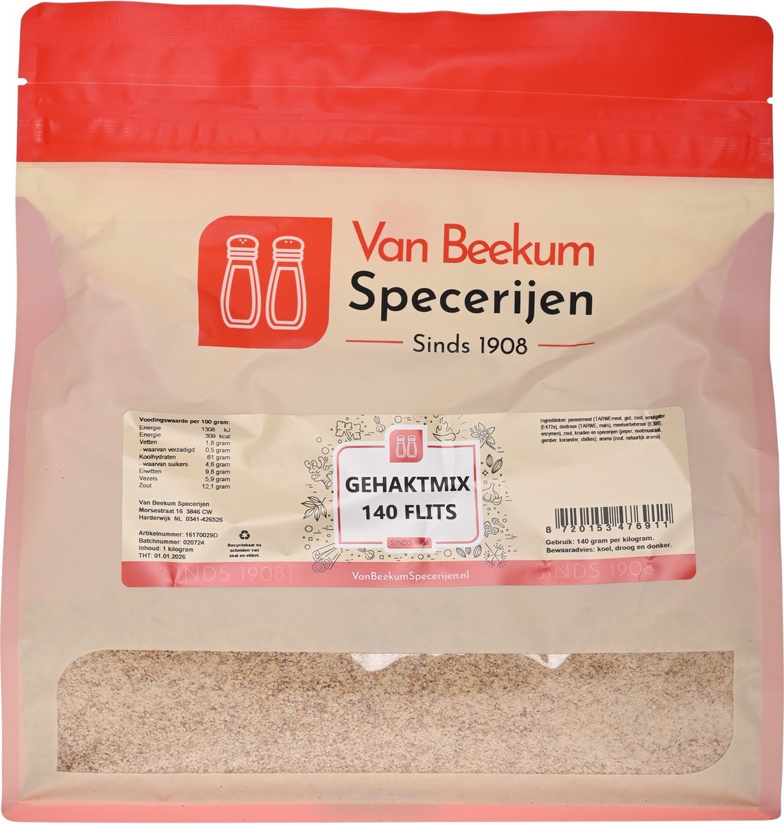 Goedkoopste Van Beekum Specerijen - Gehaktmix 140 (flits) - 1 kilo (hersluitbare stazak