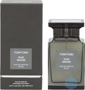 Tom Ford Oud Wood Eau de Parfum 100 ml fles en bijpassende grijze, gestructureerde doos.