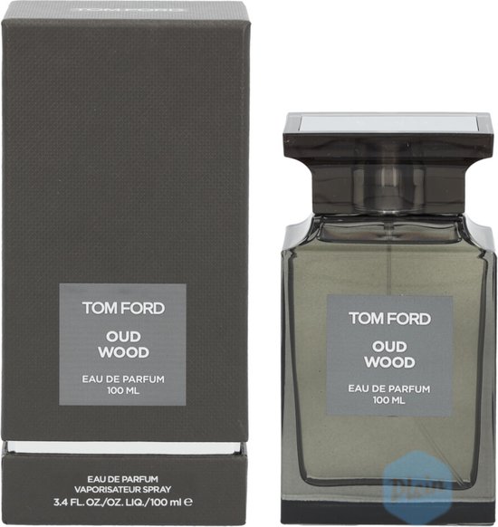 Tom Ford Oud Wood Eau de Parfum 100 ml fles en bijpassende grijze, gestructureerde doos.