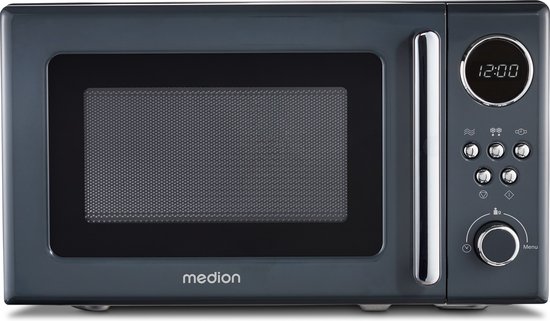 Medion Retro magnetron MD 15000 - grijs, 800 W vermogen - 20 L compact - 5 magnetronstanden - ontdooifunctie - timerfunctie - stijlvol retro design