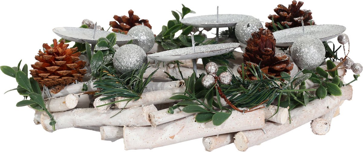 Adventskrans MCW-M12, adventsarrangement tafelkrans kerstdecoratie tafeldecoratie hout zilver wit Ø 30cm ~ zonder kaarsen – foto 2