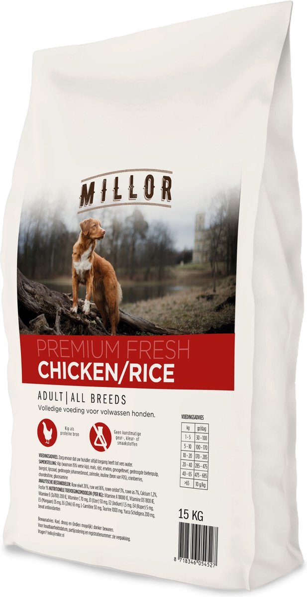 Hondenvoer Millor - Kip Rijst - Volwassen Honden, 15 kg, Premium Brokken