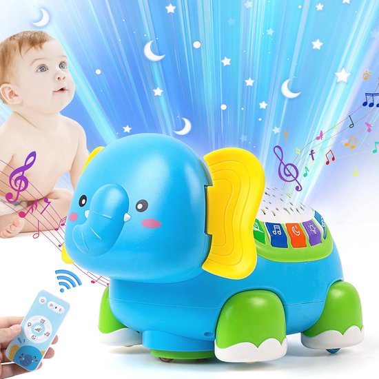 Blauwe olifant projector met sterren en muziek. Baby kijkt omhoog. Afstandbediening in hand.