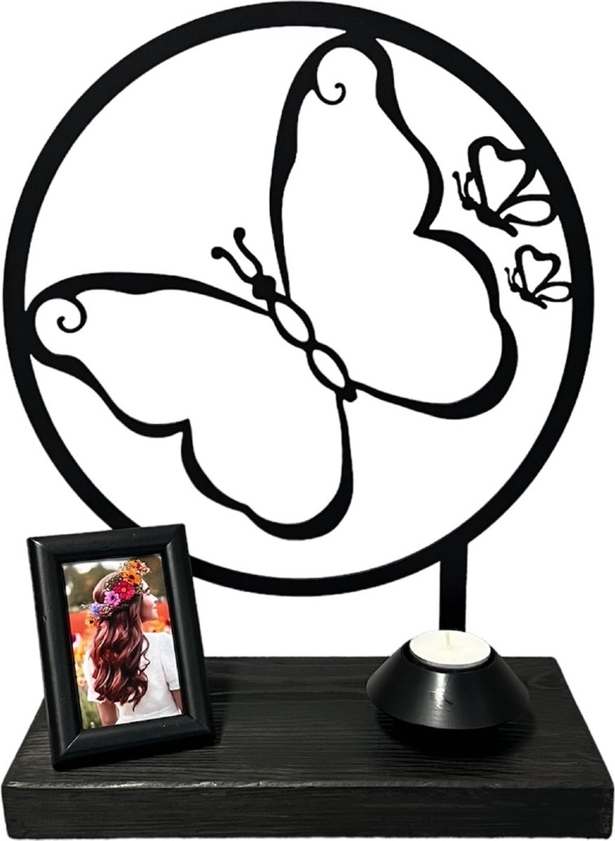 Vlinder urn - mini urn - metaal in houten sokkel - as-ruimte 10ml - Exclusief Nederlands ontwerp - gedenkaltaar - kwaliteit