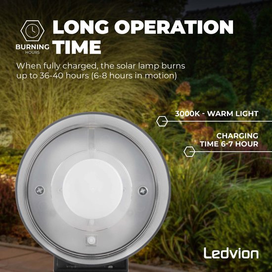Ledvion - Lampe d'extérieur sur Solar LED , 0,5 W, 3000 K, IP44, Zwart et ronde, avec support. Capteur de mouvement, énergie solaire, économe en énergie et résistant aux intempéries