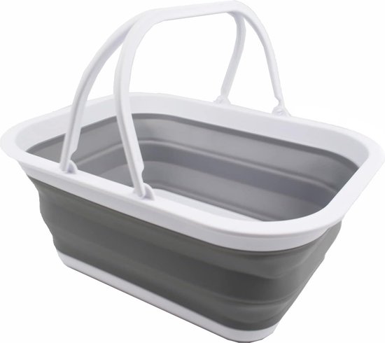 SAMMART Opvouwbare badkuip 12 liter met handvat, draagbare picknickmand voor buiten, opvouwbare boodschappentas, ruimtebesparende opbergdoos (1, grijs/zwart