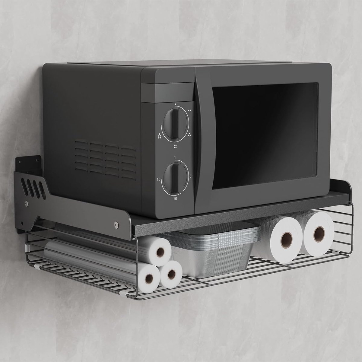 Riokem ® Ruimtebesparende Dubbele Wandplank voor Magnetron met Opbergmand, Metaal, Grijs, 55 x 35 x 11 cm