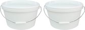 2x stuks emmers met deksel en handvat - Wit - 10,3 liter - Kunststof/plastic emmers/verfemmers met metalen hengsel/handvat