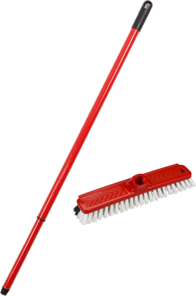Goedkoopste Buemag schrobborstel/schrobber - met trekker - kunststof - rood - inclusief metalen telescoopsteel 130 cm - Badkamer schoonmaak borstel