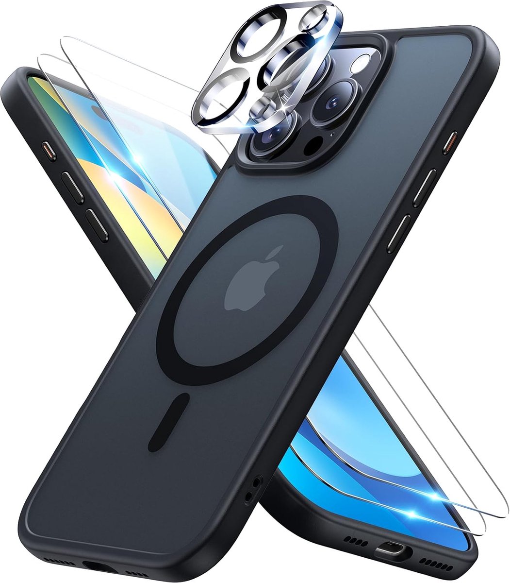 Hoesje Met Camera lens en 2x Screenprotector Geschikt voor: Apple iPhone 16 Pro - Compatibel met MagSafe - Back Cover met Magneet - Draadloos Opladen met Magnetische Ring - Zwart