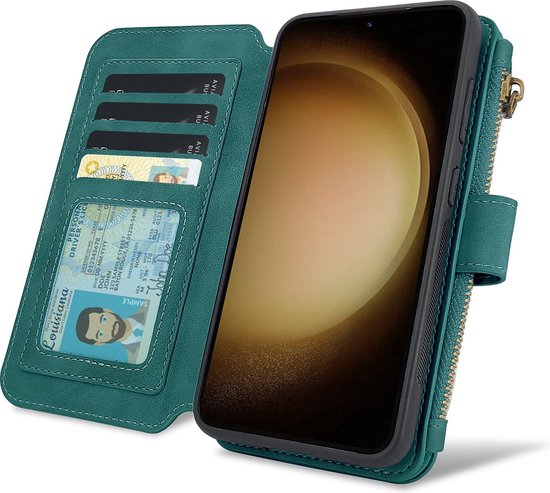 Groen kunstlederen telefoonhoesje in boekstijl, open met pasjes- en id-vakken en telefoon.