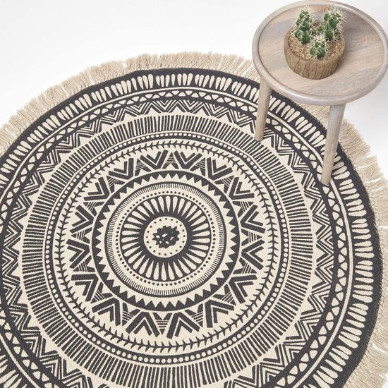 Gevlochten - Zwart - Rond - Stof - Mandala - Vloerkleed kopen