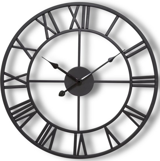 HSXL - Petite Horloge Murale Zwart 40cm avec Chiffres Romains - Horloge Murale Moderne Noire Industrielle - Klok Industrielle 40 cm