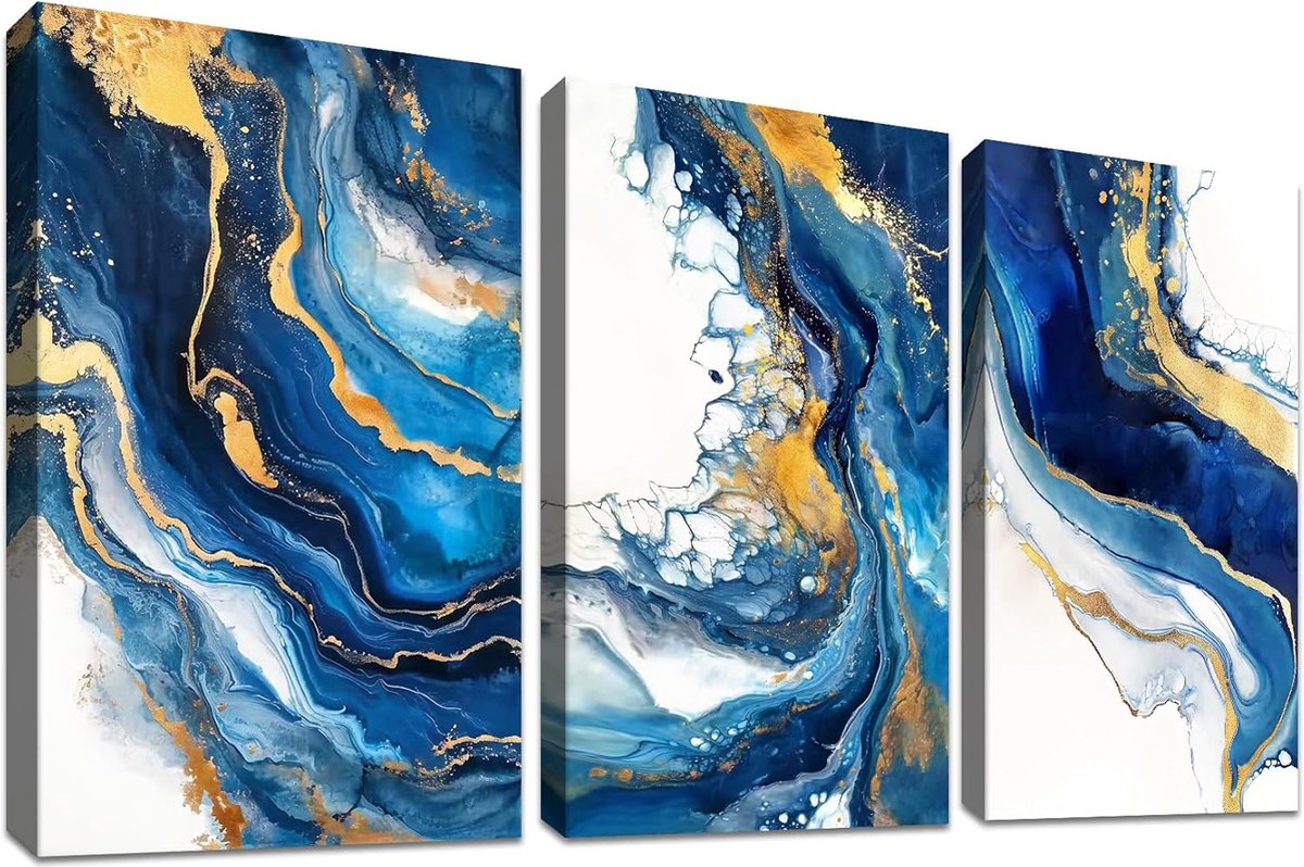 Goodivery ® Moderne Goud en Blauw Canvas Schilderij Set van 3 Stuks Voor Woonkamer en Slaapkamer