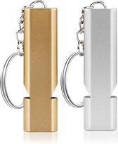 1 set van 2 kleuren fluitje, overlevingsfluit, dubbele buizen metalen fluitje met sleutelhanger, scheidsrechtersfluit, noodfluit voor redding, reizen, sport, huisdiertraining (zilver + goud)