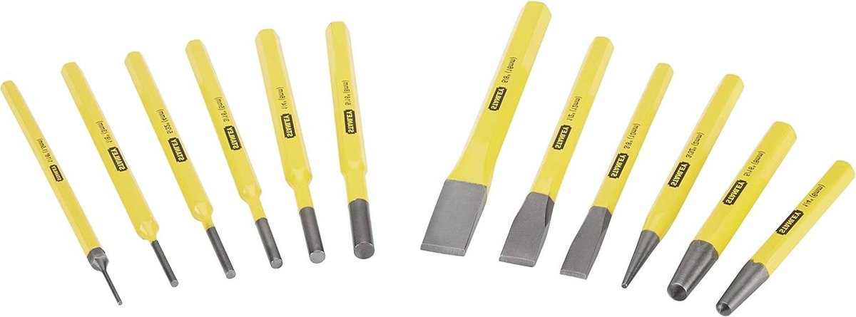 Beitel- Korrel- en Doorslagset 12-Delig Chroom-Vanadium Staal 15 2 3 4 5 6 8 10 12 16 mm Geel Handgereedschap Metaalbewerking